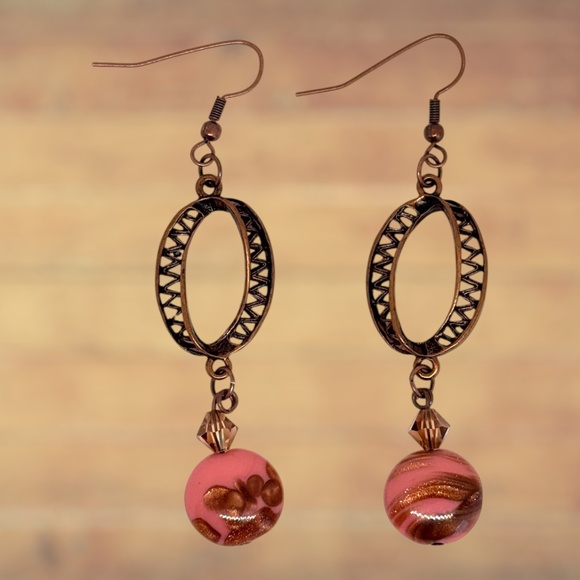 Indio Jewelry Jewelry - Indio Jewelry Pink and Copper Picasso Glass Copper Metal Earrings Item# 323